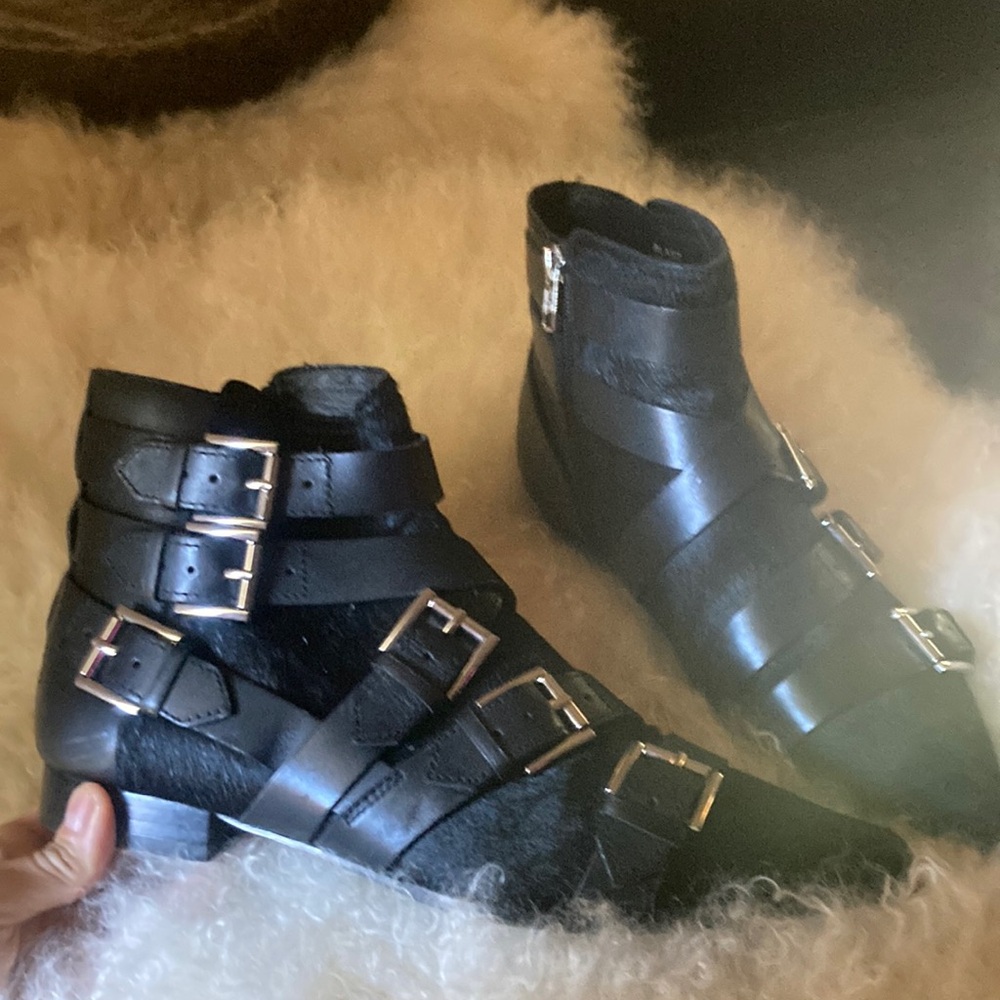 Ash Pony hair strap punk monk buckle silver black leather booties boots ankle 8